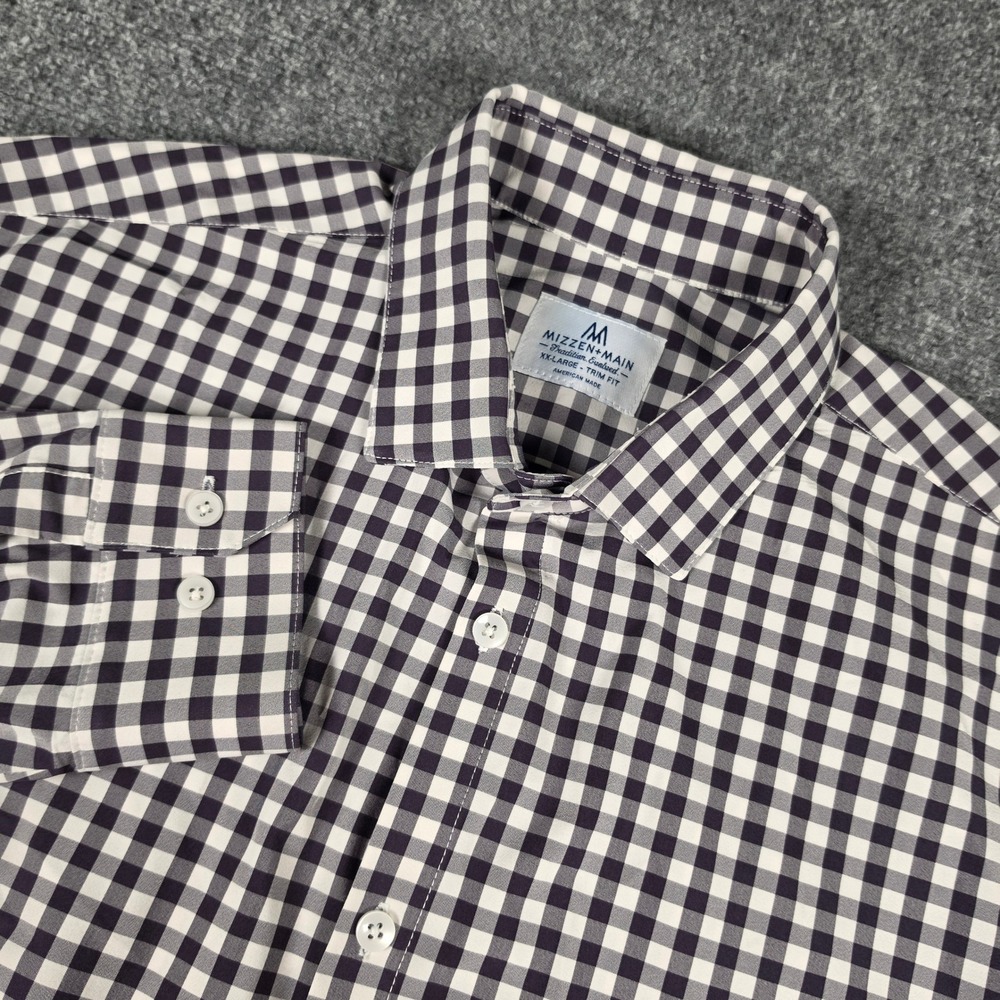 Mizzen+Main Shirt Mens XXL Blue Gingham Trim Fit Performance Stretch Button Up